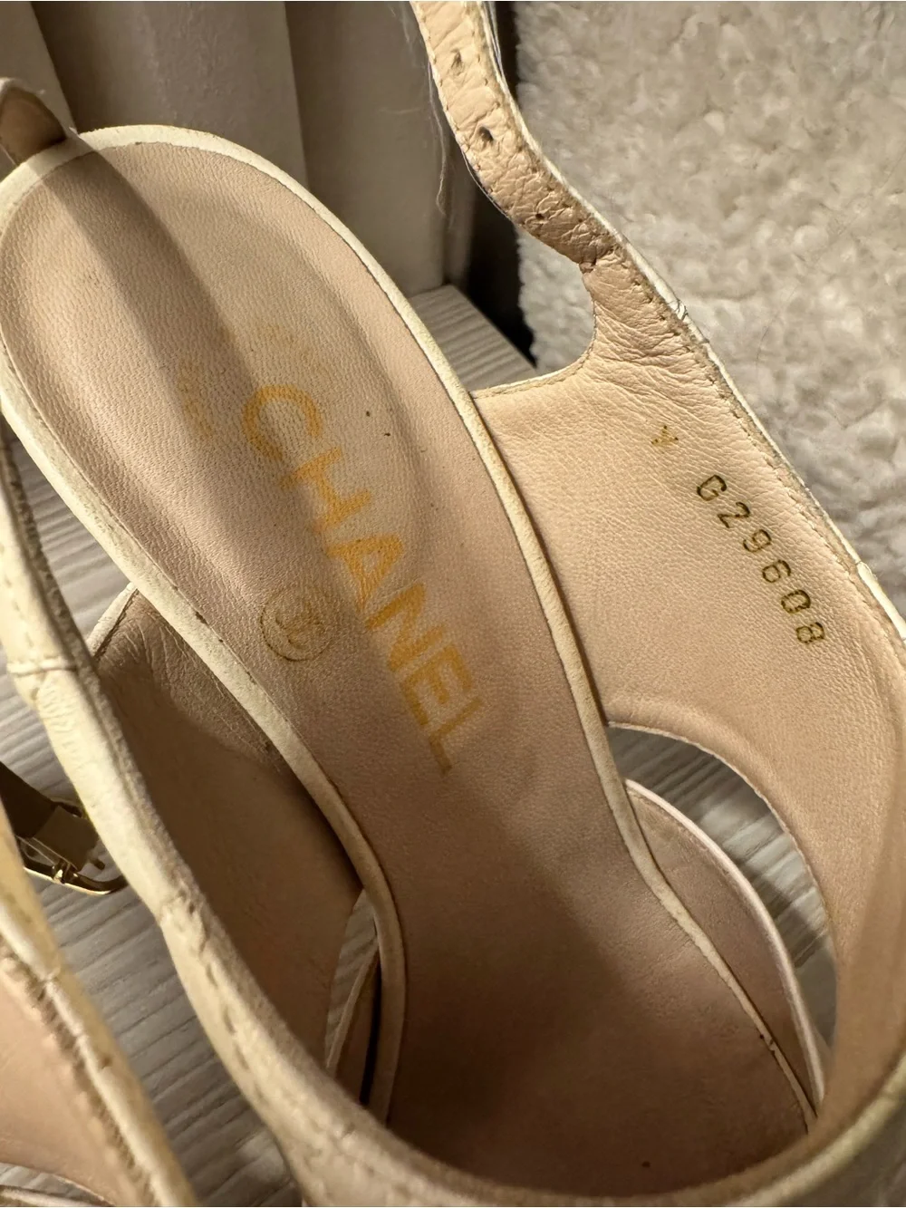 CHANEL Cream Platform Wood Block Slingback Heels CC LOGO